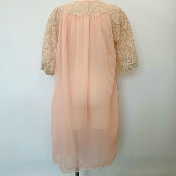 Vintage 60s Sheer Chiffon Peach Ivory Lace Dressing Gown MCM Peignoir Robe🔥 - Picture 9 of 11